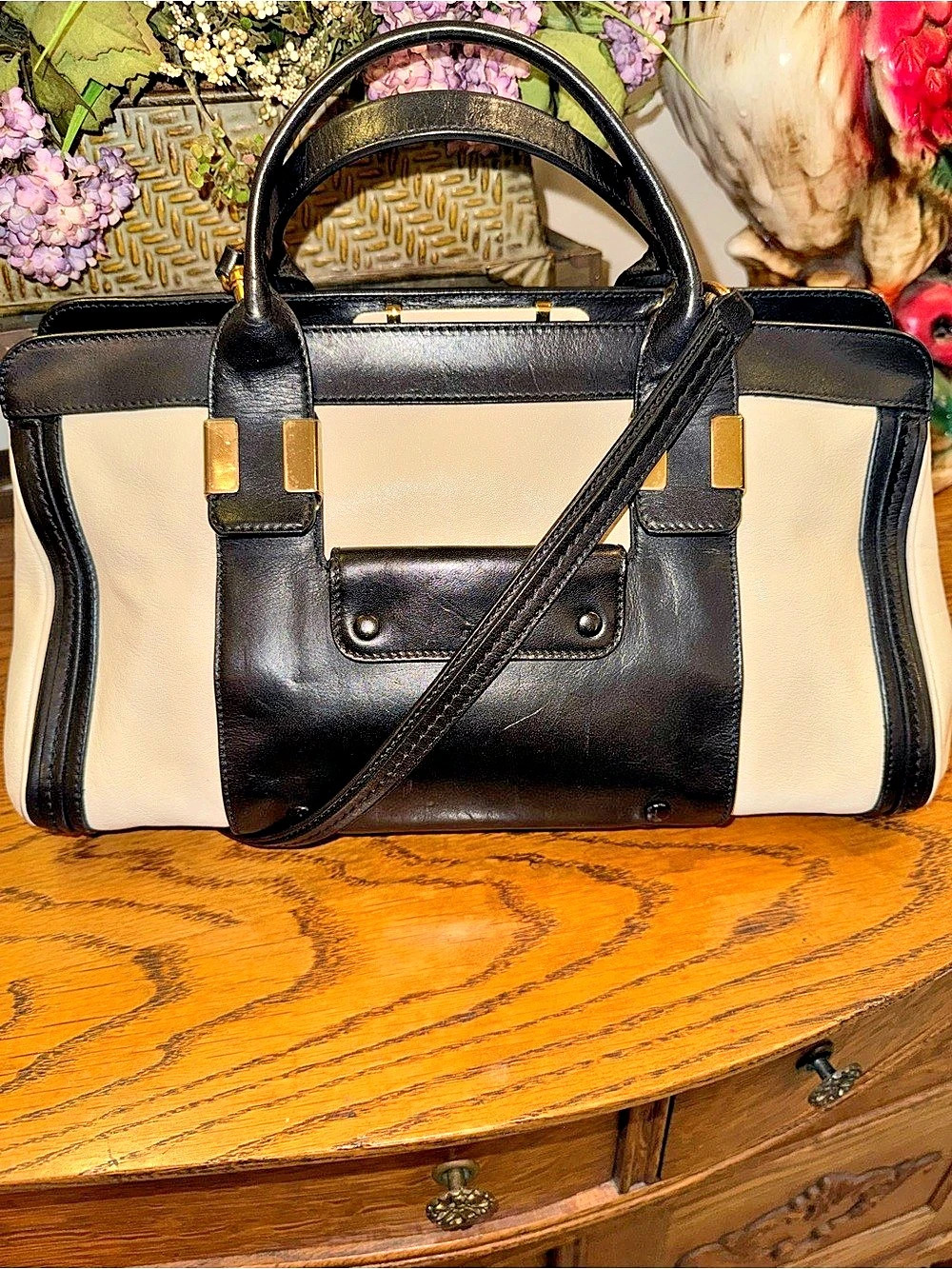 Chloé Alice Colorblock Satchel Black & Cream w/COA
